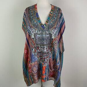 Camilla Multicolor Silk Beaded Oversize Top Tunic Swim Cover One Size